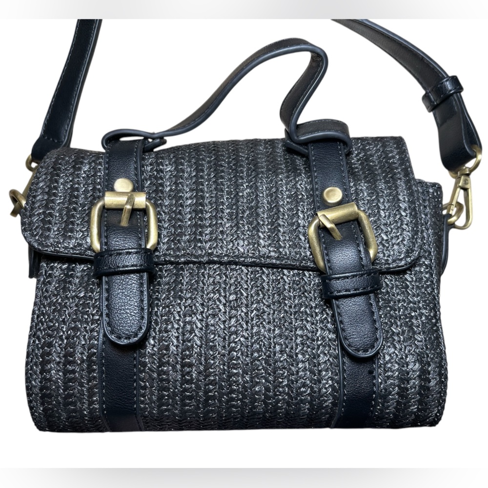 Anthropologie mini black woven crossbody faux leather adjustable strap purse